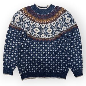 Vtg Knit Stitches Multicolor Nordic Crewneck Sweater With Padded Shoulders - S